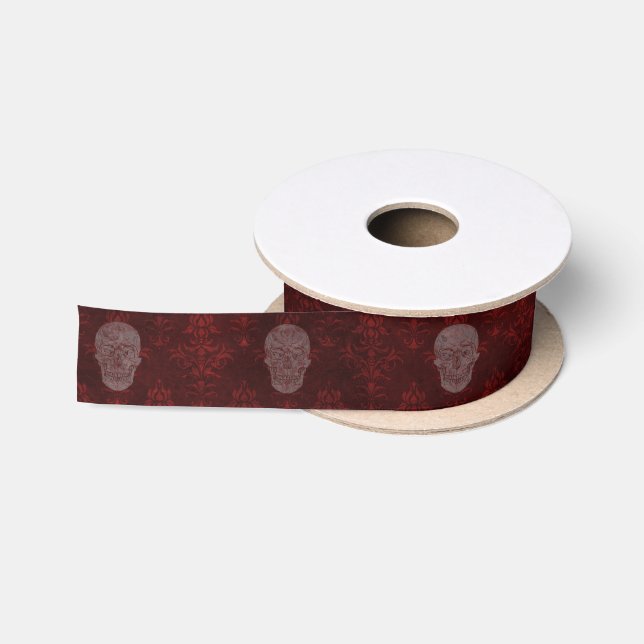 Falln Victorian Skulls Red Satin Ribbon (Spool)
