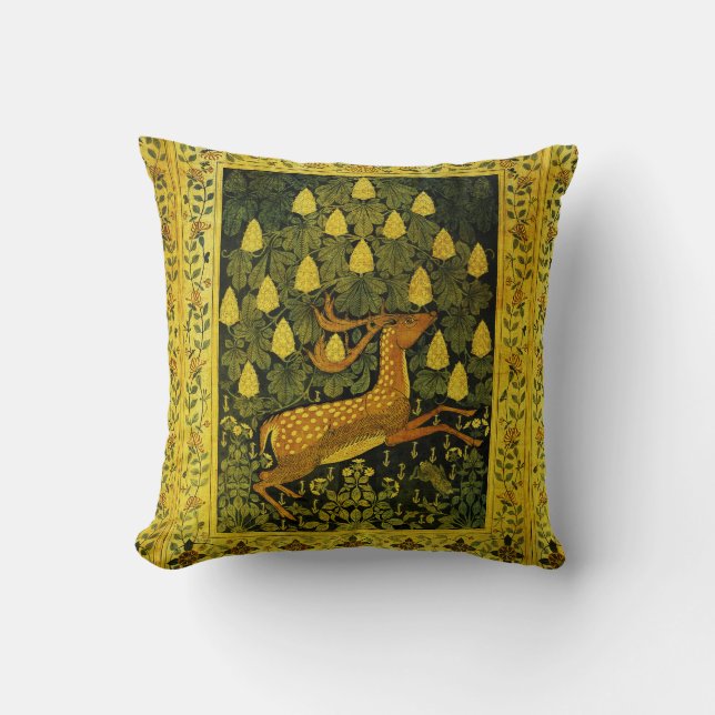 FALLOW DEER,FLOWERS CHESTNUT TREE Green Yellow Cushion (Front)