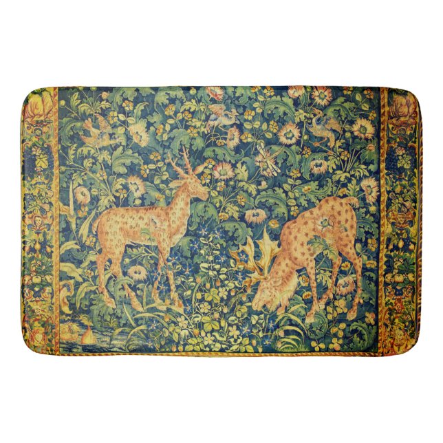 FALLOW DEER PAIR,GOTHIC FANTASY FLOWERS,Green Bath Mat (Front)