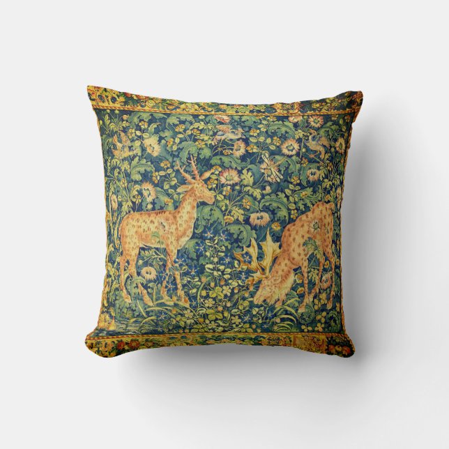 FALLOW DEER PAIR,GOTHIC FANTASY FLOWERS,Green Cushion (Front)