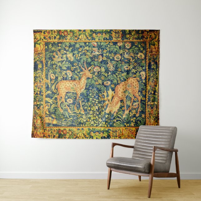 FALLOW DEER PAIR,GOTHIC FANTASY FLOWERS,Green Tapestry (In Situ (Horizontal))