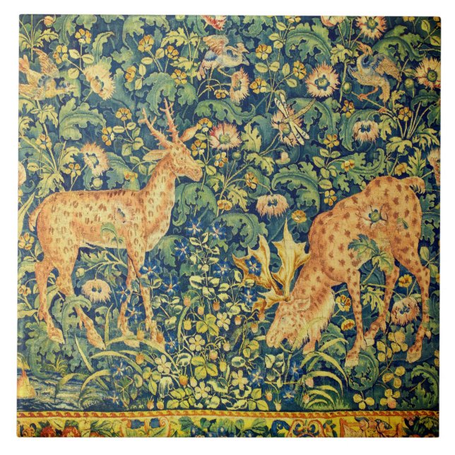 FALLOW DEER PAIR,GOTHIC FANTASY FLOWERS,Green Tile (Front)