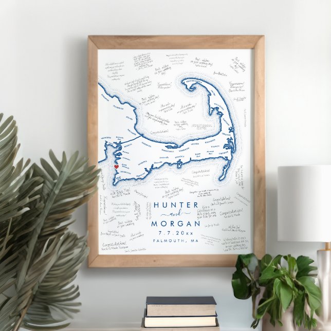 Falmouth MA Wedding Blue Modern Guest Book Poster (Falmouth MA Cape Cod Map Poster Modern Navy Blue Alternative Guest Book Poster by Coastal Map Design)