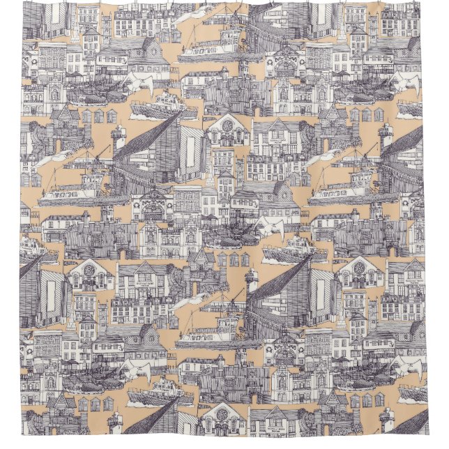 Falmouth toile mulberry sand shower curtain (Front)