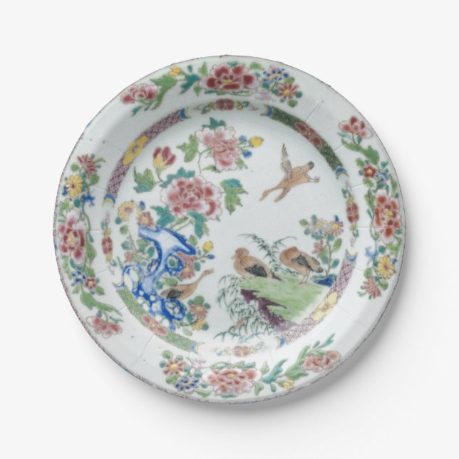 Famille rose faux porcelain chinoiserie bird crane paper plate (Front)