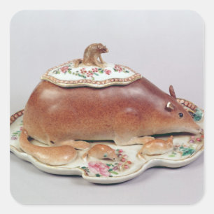 Famille rose sauce tureen and cover modelled square sticker
