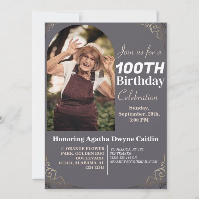 Family 100th Birthday Party Simple Elegant Photo  Invitation (Front)