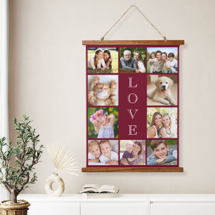 Family 10 Photo Collage Burgundy Hanging Tapestry