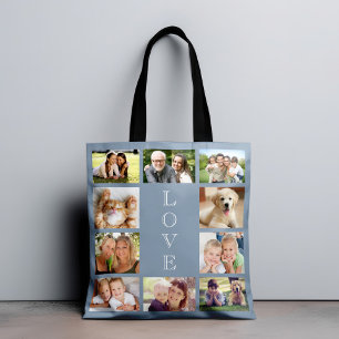 Family 10 Photo Collage Dusty Blue Tote Bag