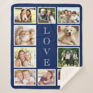 Family 10 Photo Collage Navy Blue Sherpa Blanket
