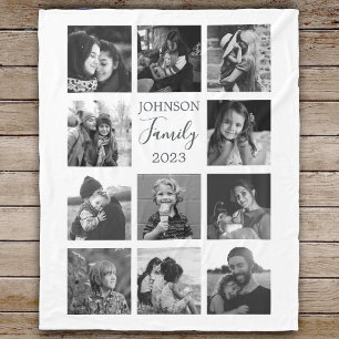 Family 11 Photo Collage Black Fleece Blanket