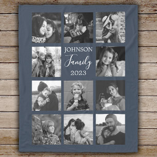 Family 11 Photo Collage Dark Blue Fleece Blanket