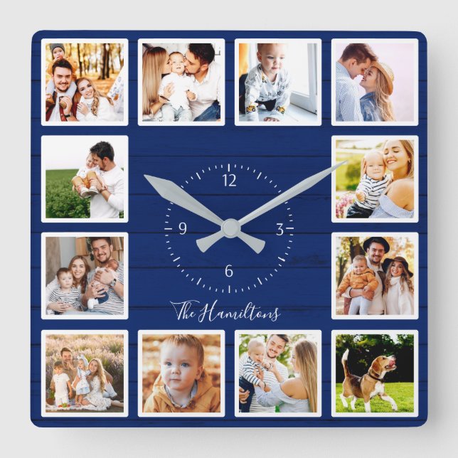 Family 12 Photos Collage Blue Wood Square Wall Clock (Front)