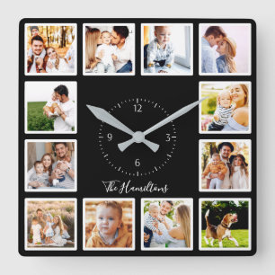 Family 12 Photos Collage Chic Black And White Square Wall Clock