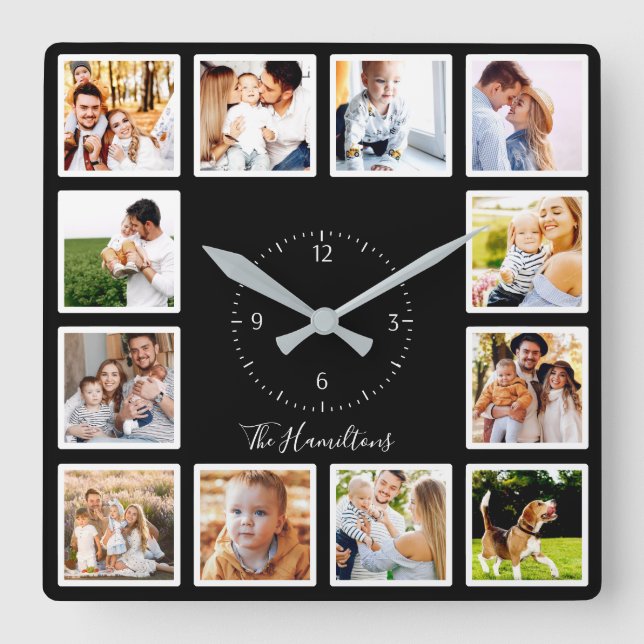 Family 12 Photos Collage Chic Black And White Square Wall Clock (Front)