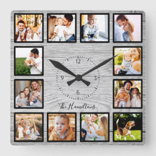 Family 12 Photos Collage Farmhouse Rustic Wood Square Wall Clock