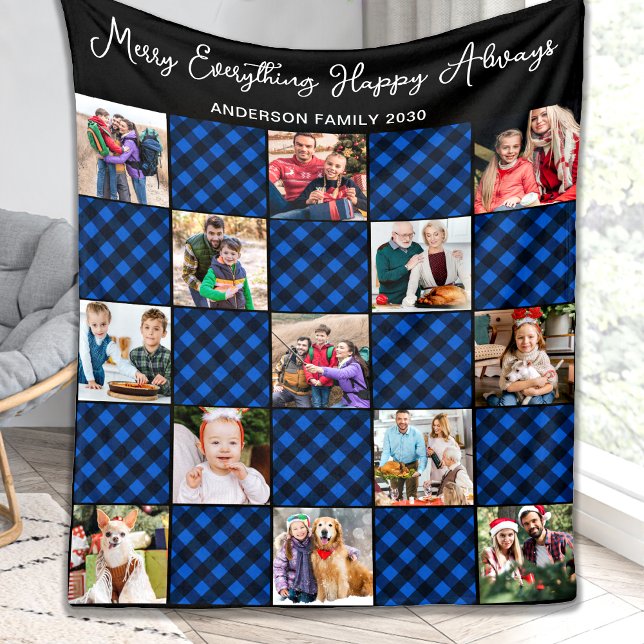 Family 13 Photo Collage Personalised Blue Plaid  Fleece Blanket (Creator Uploaded)