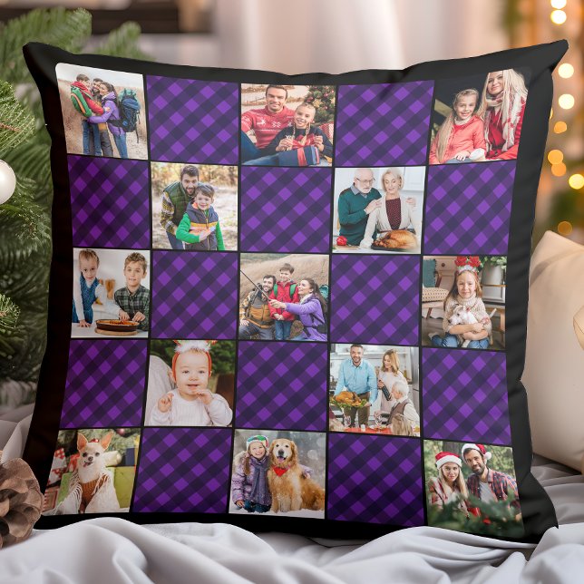 Family 13 Photo Collage Personalised Holiday Plaid Cushion (Creator Uploaded)