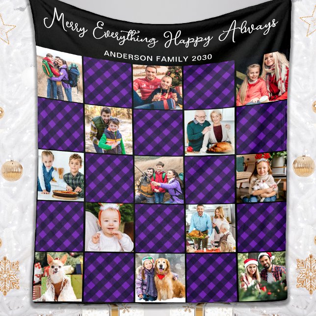 Family 13 Photo Collage Personalised Holiday Plaid Fleece Blanket (Creator Uploaded)