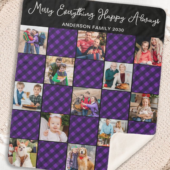 Family 13 Photo Collage Personalised Holiday Plaid Sherpa Blanket (Creator Uploaded)