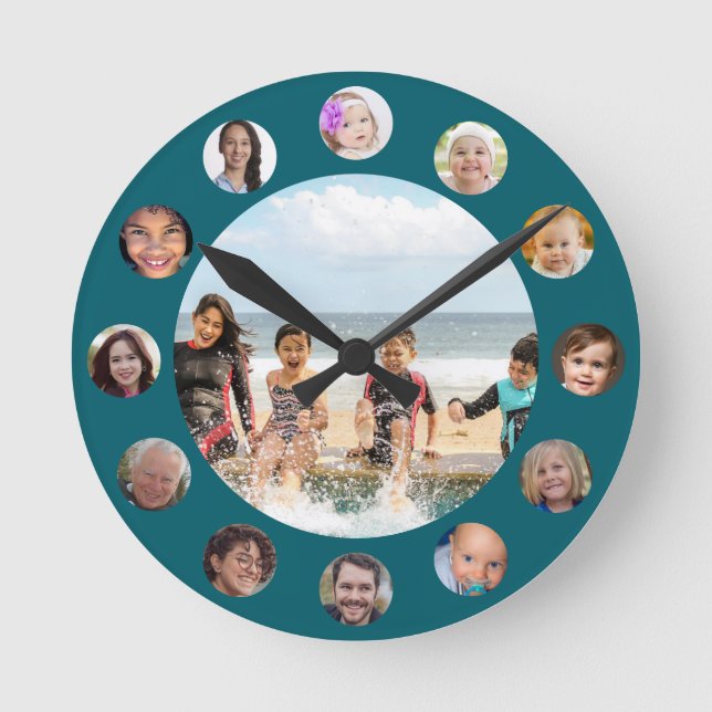 Family 13 Photo Collage Round  Clock (Front)