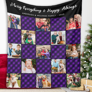 Family 13 Photos Personalised Purple Holiday Plaid Fleece Blanket