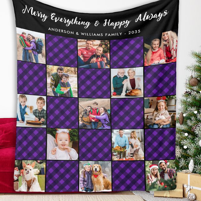 Family 13 Photos Personalised Purple Holiday Plaid Fleece Blanket (Creator Uploaded)