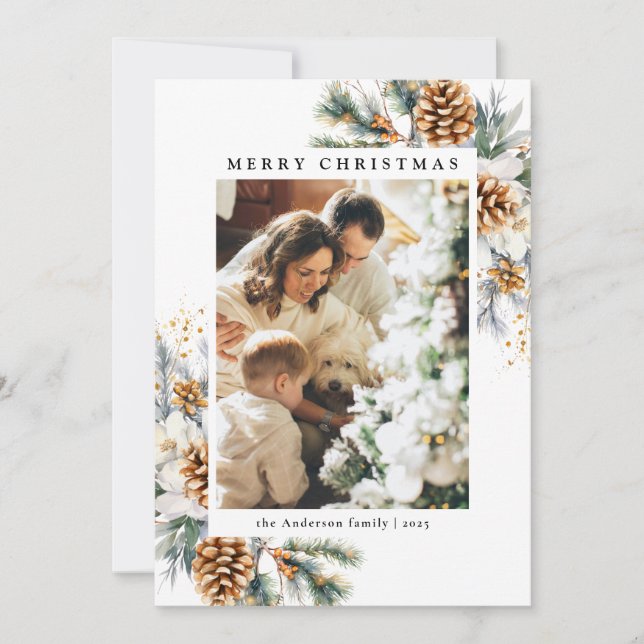 Family 1 Photo Botanical Pine Tree Black Christmas Holiday Card (Front)