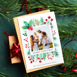 Family 1 Photo Hand Painted Watercolor Florals Holiday Card