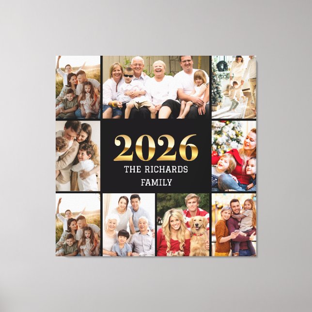 Family 2026 Photo Collage Custom Script Name Canvas Print (Front)