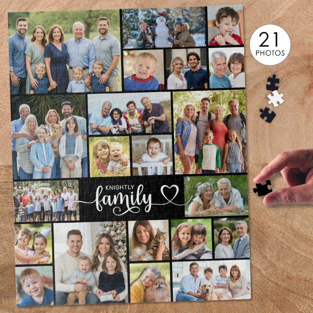 Family 21 Photo Script Heart Name Jigsaw Puzzle (Creator Uploaded)