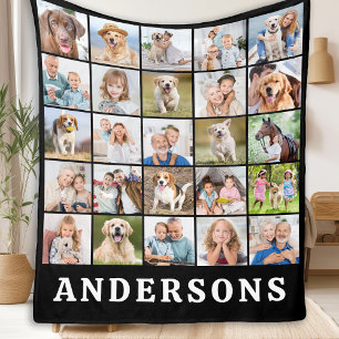 Family 25 Photo Collage Personalised Name Black Fleece Blanket