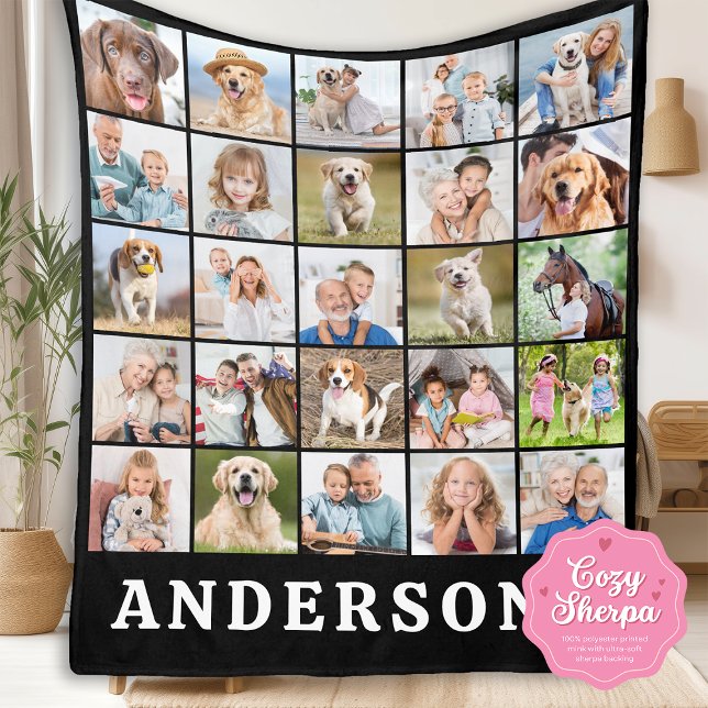 Family 25 Photo Collage Personalized Name Black Sherpa Blanket (Creator Uploaded)