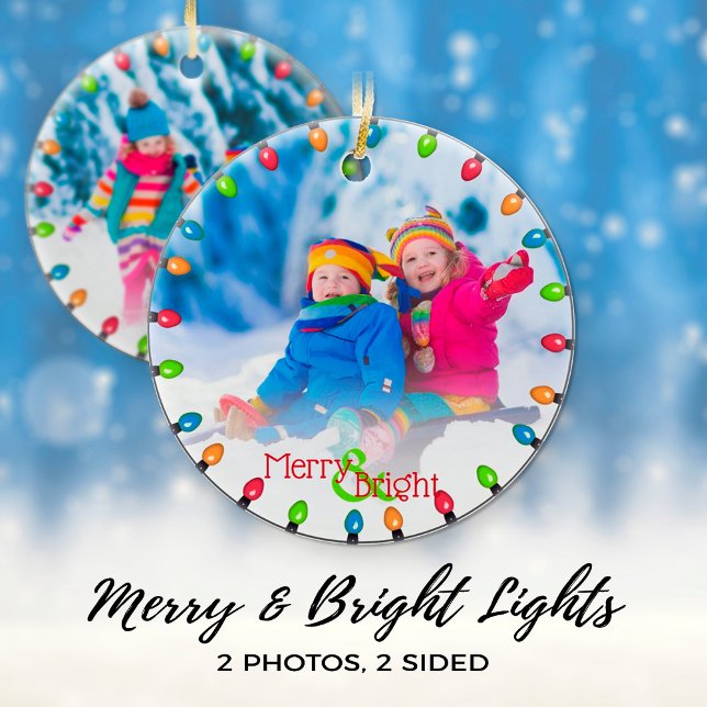 Family 2 Photo String of Christmas Lights Modern Ceramic Tree Decoration (Creator Uploaded)