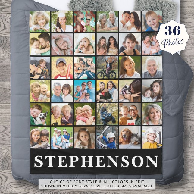 Family 36 Photo Collage Name Personalised Black Fleece Blanket (Creator Uploaded)