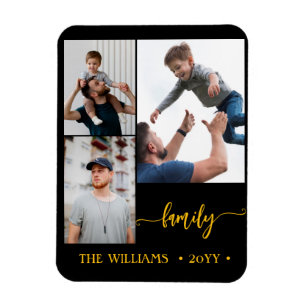 family 3 photo collage black gold script magnet