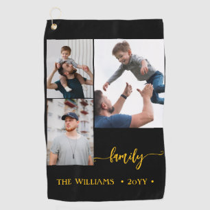 family 3 photo collage black gold script magnet golf towel