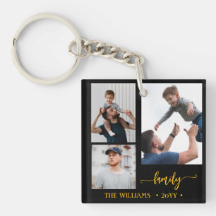 family 3 photo collage black gold script magnet key ring