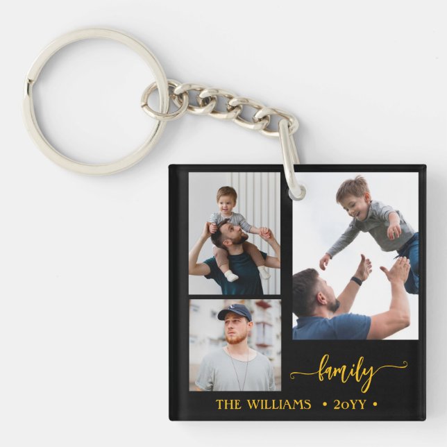 family 3 photo collage black gold script magnet key ring (Front)