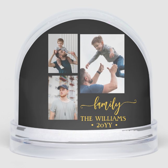 family 3 photo collage black gold script magnet snowglobe (Front)