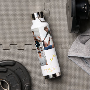 family 3 photo collage black gold script magnet water bottle