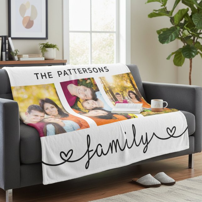 Family 3 Photo Template Personalised Script Fleece Blanket (Creator Uploaded)