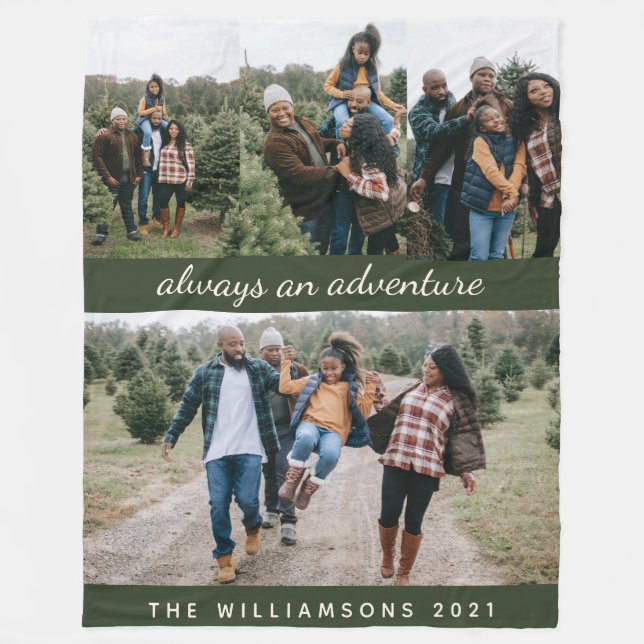 Family 4 Photo Collage Custom Name and Quote Green Fleece Blanket (Front)
