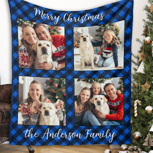 Family 4 Pictures Personalised Plaid Christmas Fleece Blanket