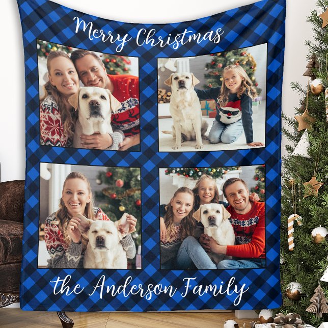 Family 4 Pictures Personalised Plaid Christmas Fleece Blanket (Creator Uploaded)
