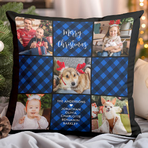 Family 5 Photo Collage Personalised Blue Plaid Cushion