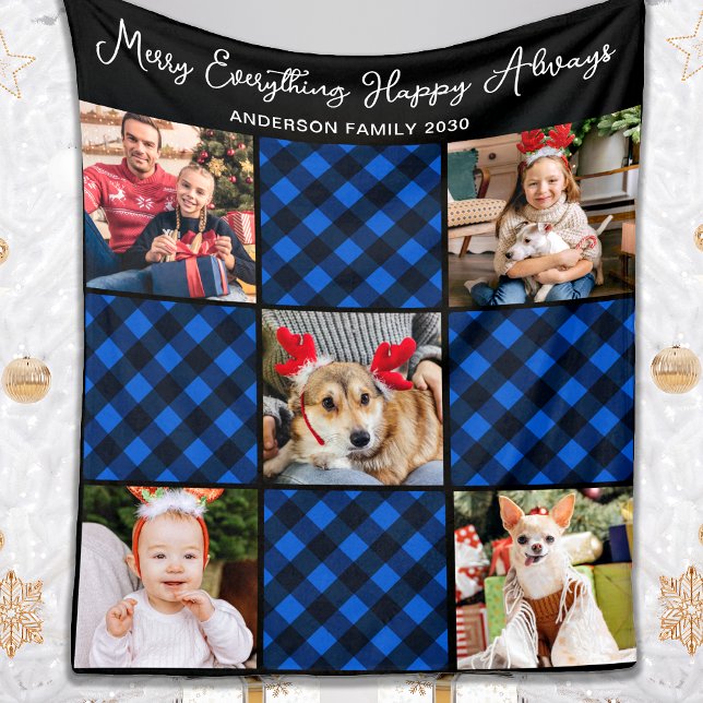 Family 5 Photo Collage Personalised Blue Plaid Fleece Blanket (Creator Uploaded)