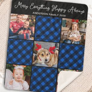 Family 5 Photo Collage Personalised Blue Plaid  Sherpa Blanket