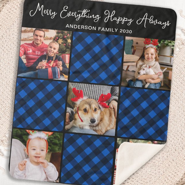 Family 5 Photo Collage Personalised Blue Plaid  Sherpa Blanket (Creator Uploaded)