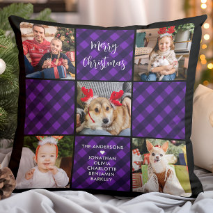 Family 5 Photo Collage Personalised Holiday Plaid Cushion
